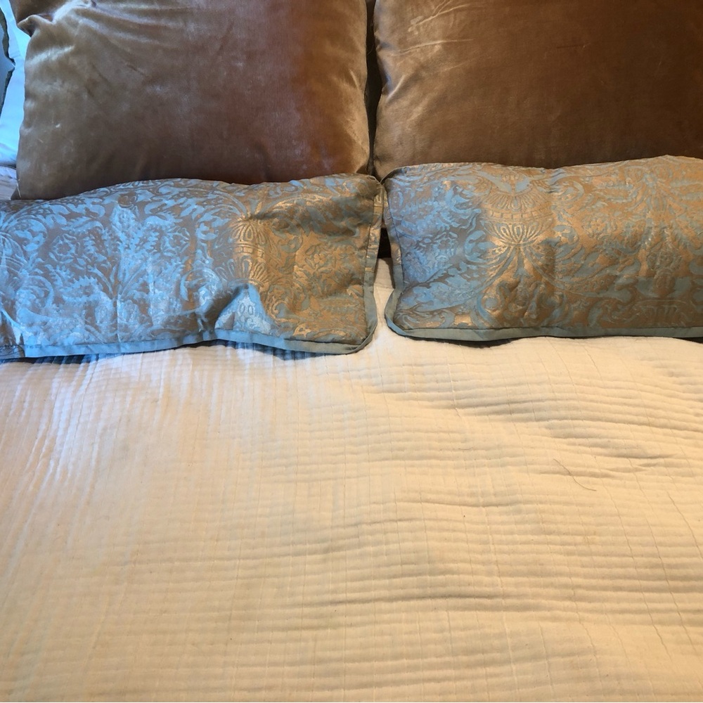 Fortuny Italian hand blocked gold on aqua pillow. Size 26”x10”h $300each